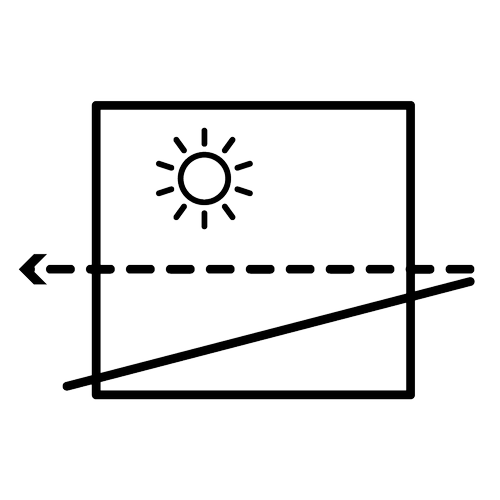 Diagram illustrating cutting along a diagonal line within a square, with a dot representing the sun outside the square and an arrow pointing left.