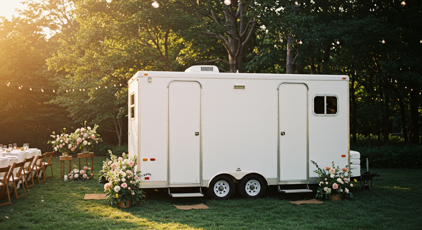 A white restroom trailer parked on a grassy lawn with a dining area with tables and chairs on the left, decorated with floral arrangements, in an outdoor setting at sunset with string lights overhead.