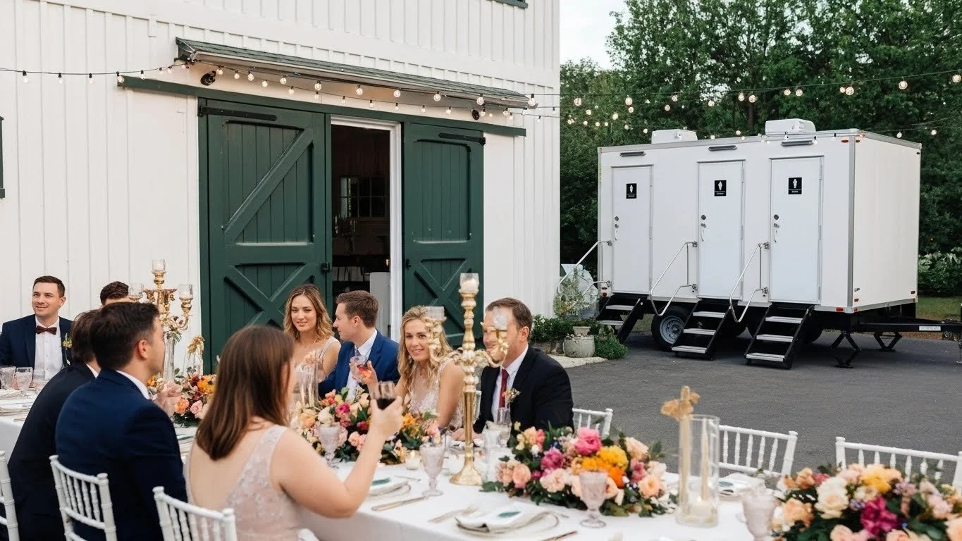 Wedding reception with guests sitting at a long table decorated with flowers, and a food truck in the background outside a white building with green doors, string lights overhead, and trees surrounding the area.