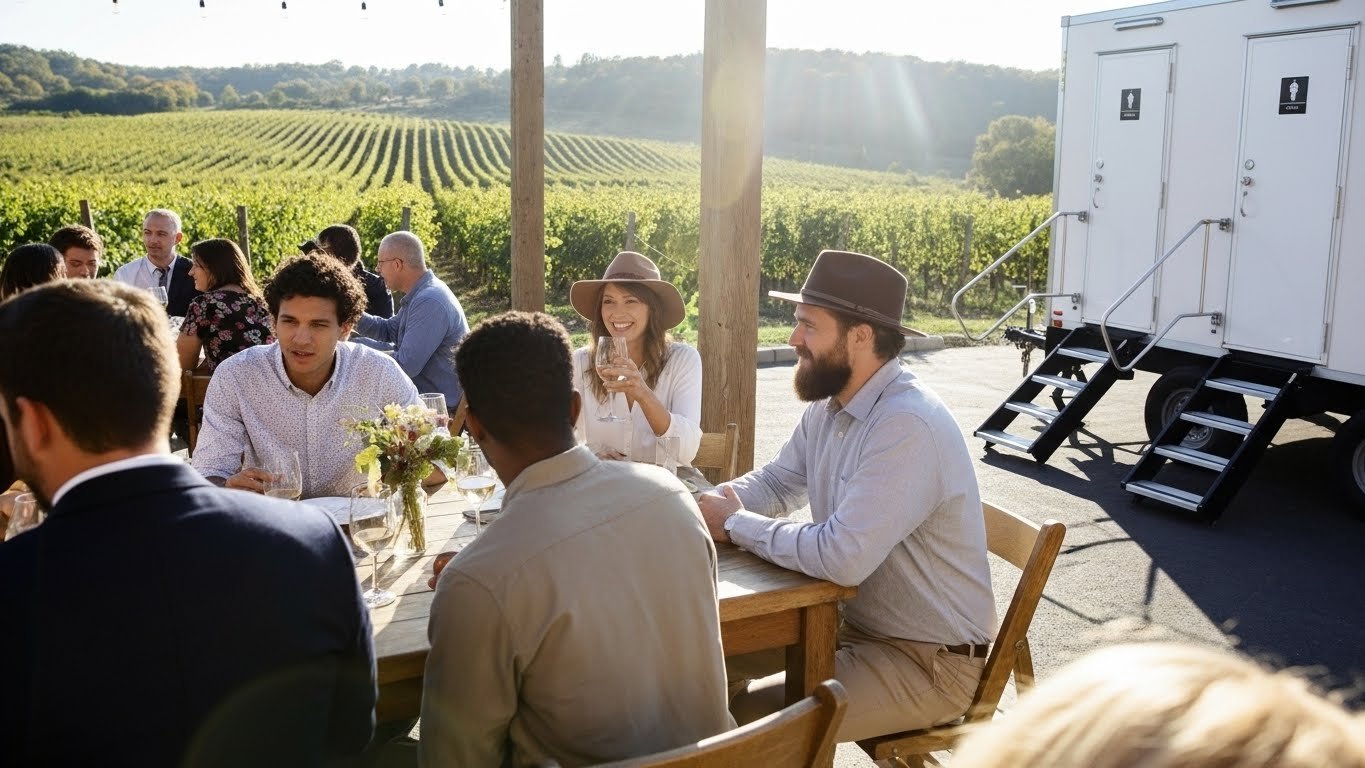 People enjoying a winery in Leesburg Virginia at an outdoor gathering with vineyards in the background, some holding wine glasses, during daylight.