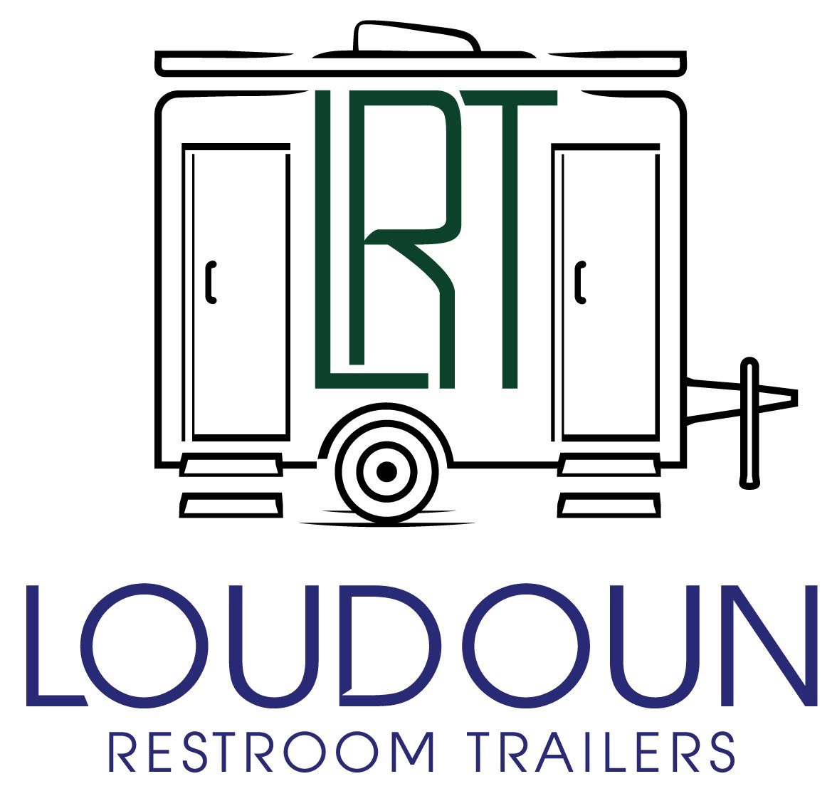 Logo of Loudoun Restroom Trailers featuring a stylized trailer with the initials LRT on it, and the company name below in blue text.