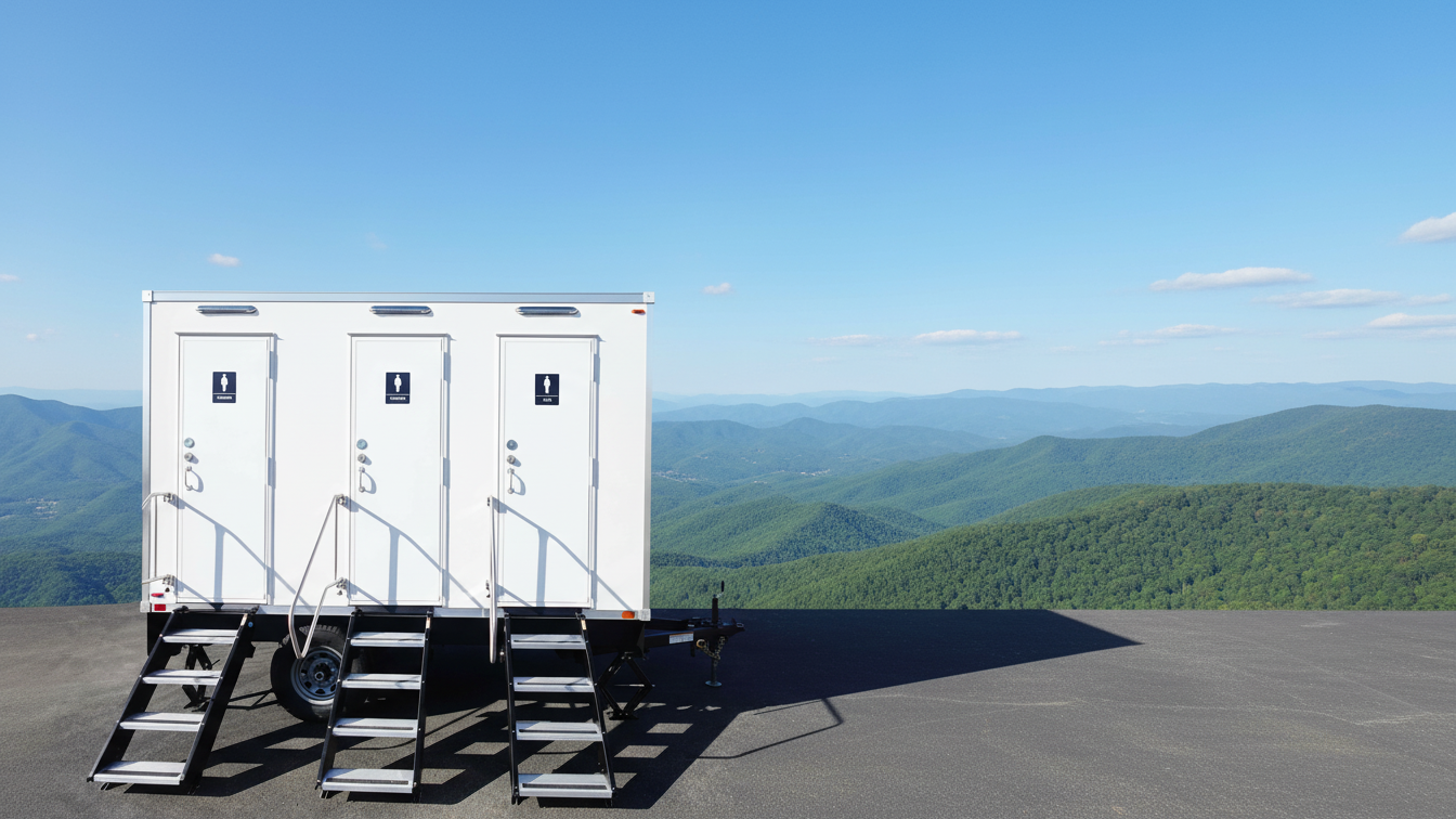 A mobile restroom trailer with three doors positioned on a flat surface against a scenic Shenandoah mountains under a clear blue sky.