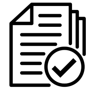 Icon of documents with a checkmark indicating approval or completion. SOP documents. Quality assurance.
