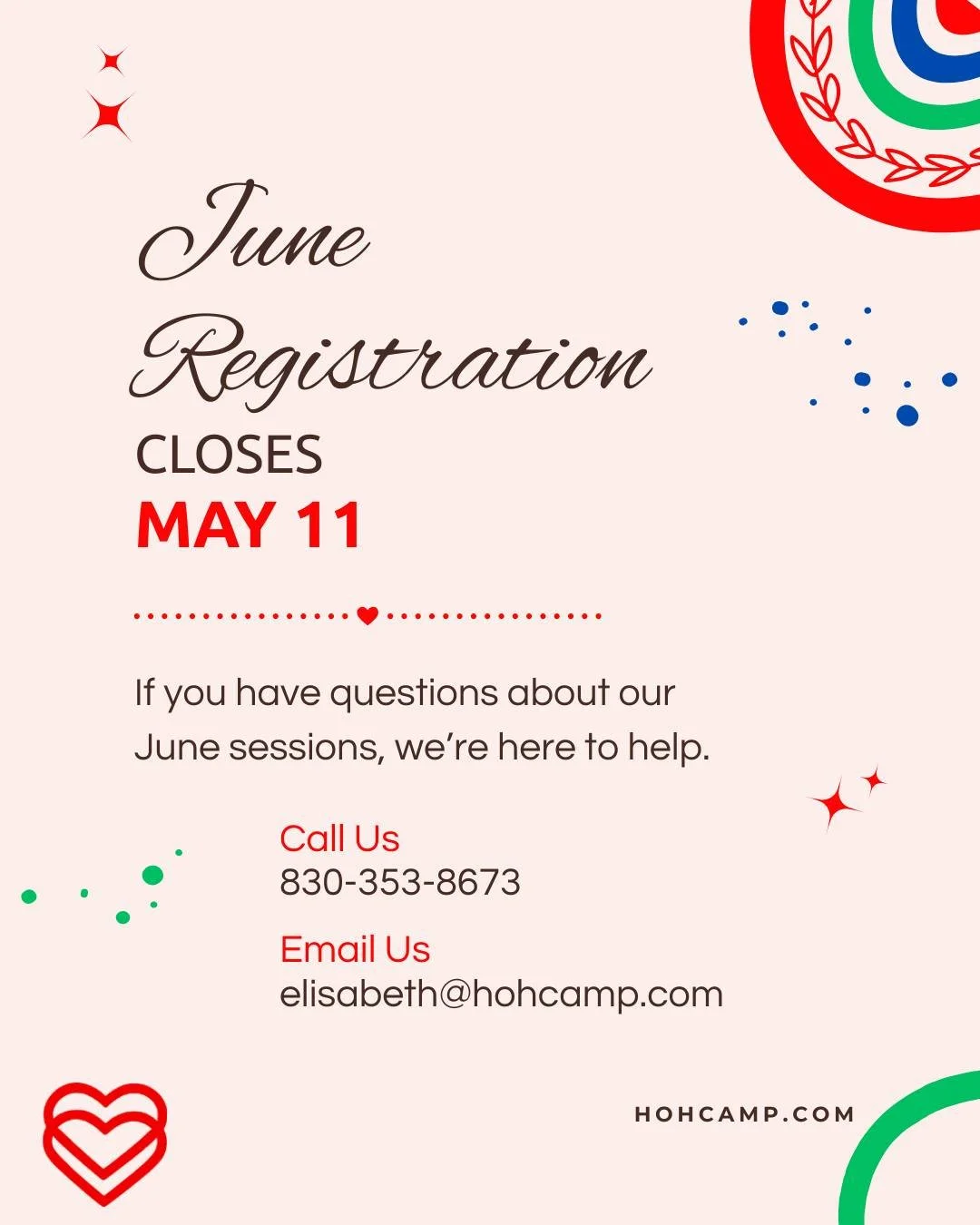 June registration at The Heart closes May 11.

If you&rsquo;ve been considering a June session, now is the time to finalize plans. We&rsquo;re happy to answer questions and help you find the right fit for your camper.

June sessions include:

First T