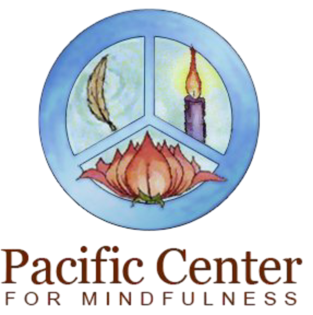 A circular peace symbol divided into three sections with a feather, a candle, and a lotus flower inside. Below, the text reads 'Pacifc Center for Mindfulness'.