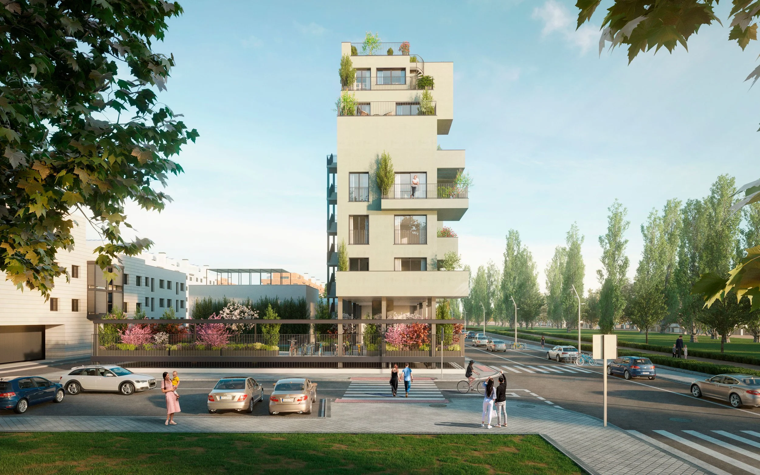 Edificio de apartamentos moderno con balcones y plantas, en una zona urbana con árboles y coches estacionados.