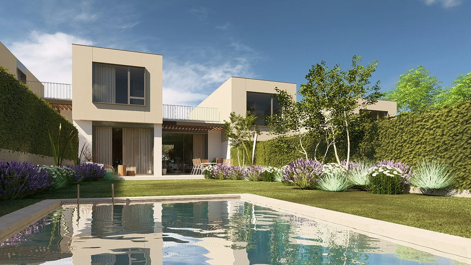 Casa moderna con jardín y piscina en un día soleado, con plantas y árboles decorativos.
