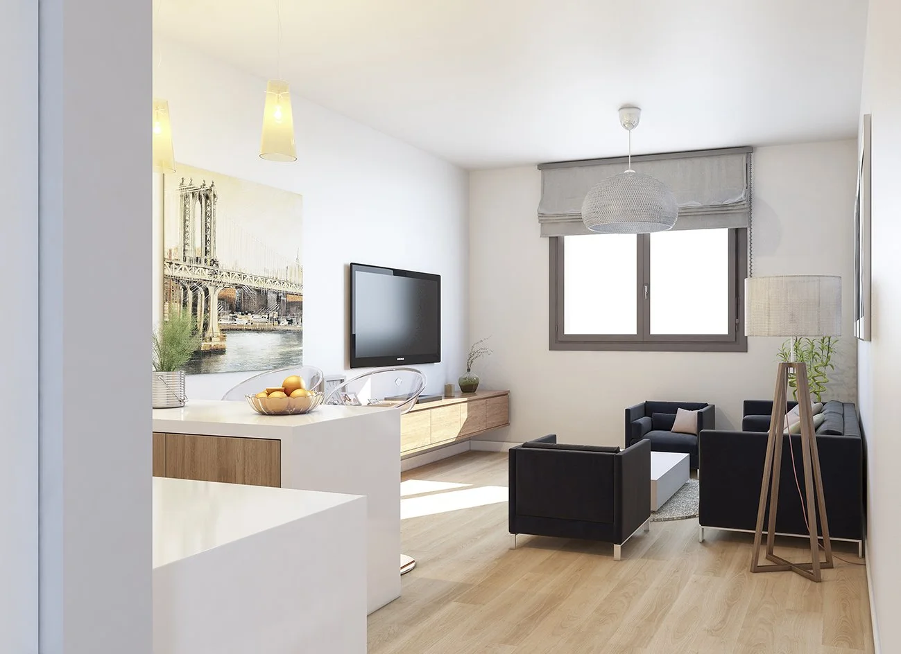 Salón de estilo moderno con paredes blancas, muebles negros, un sofá y sillas, una mesa de centro, una ventana grande con cortinas y lámparas decorativas.