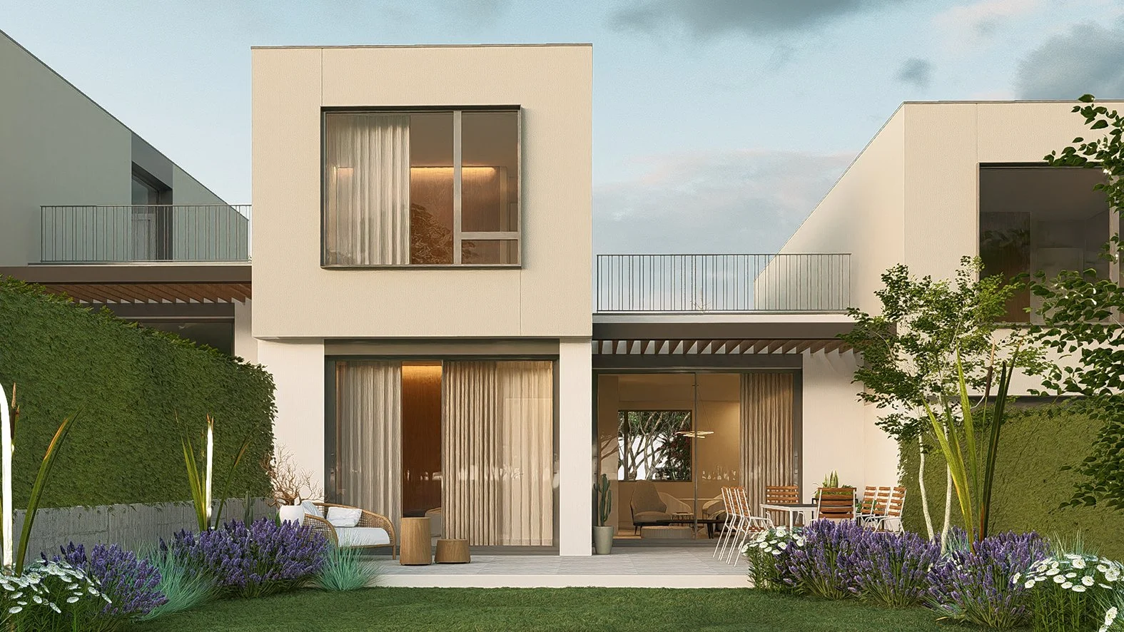 Casa moderna de dos plantas con terraza, ventanas grandes, jardín con plantas y flores, y zona de descanso exterior.