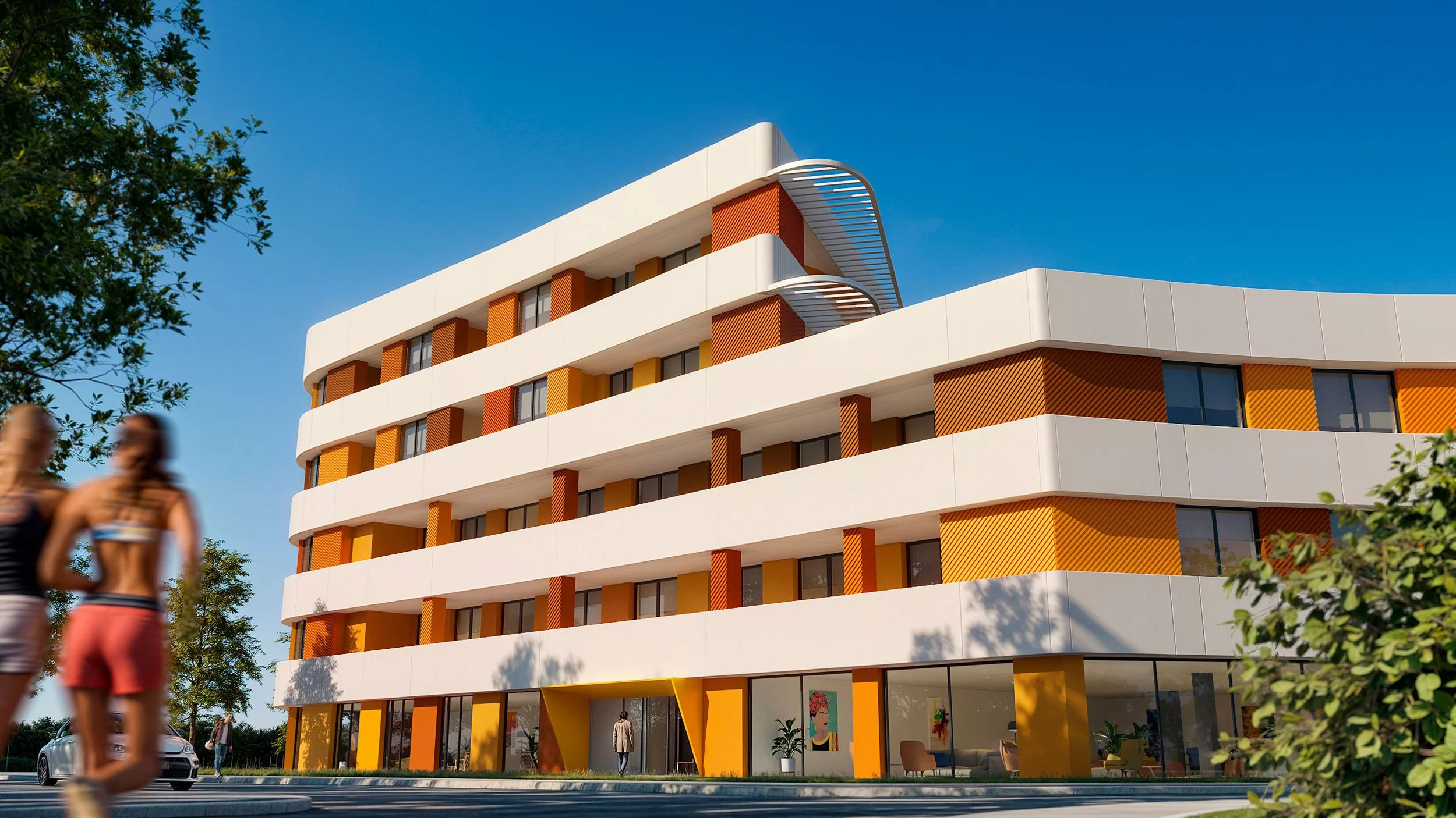 Edificio moderno de varias plantas con fachada blanca, detalles en tonos naranja y ventanales grandes, bajo un cielo azul claro.