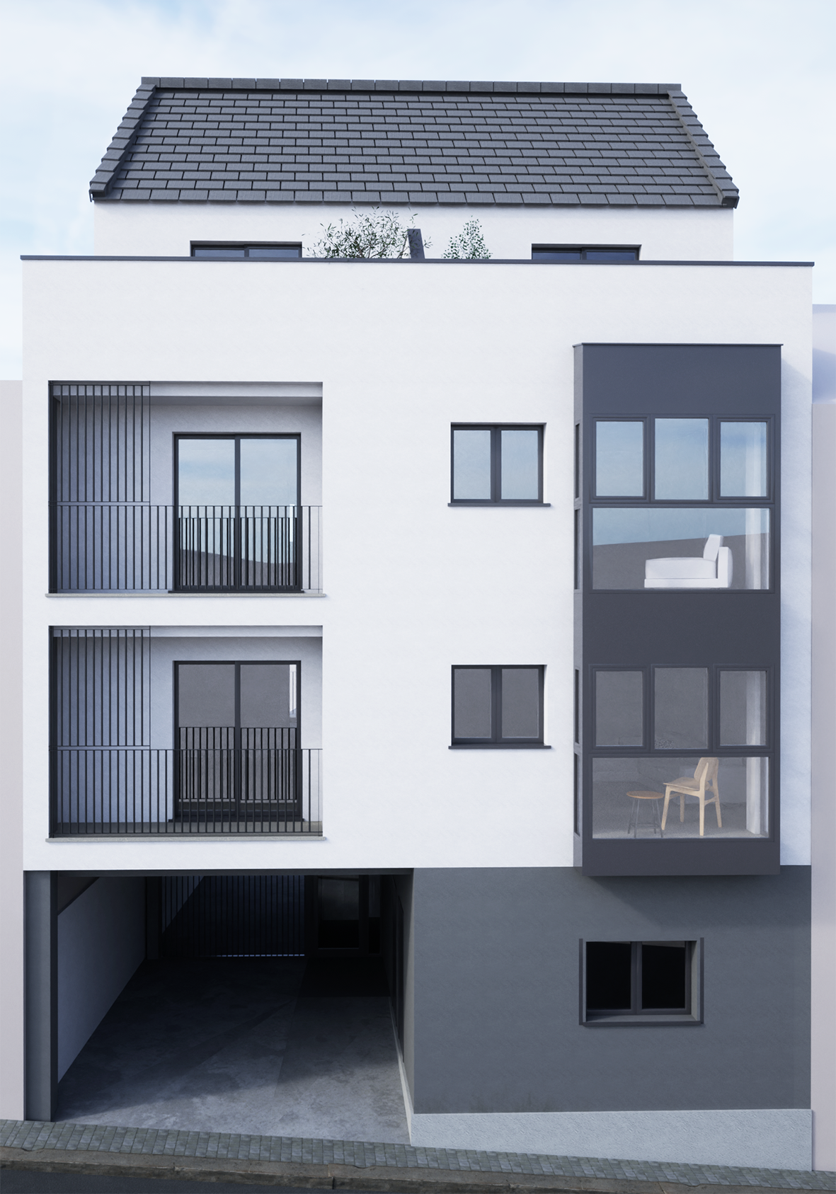 Edificio moderno de varias plantas con balcones y ventanas grandes, fachada blanca y detalles en gris, con un área de estacionamiento en el sótano.