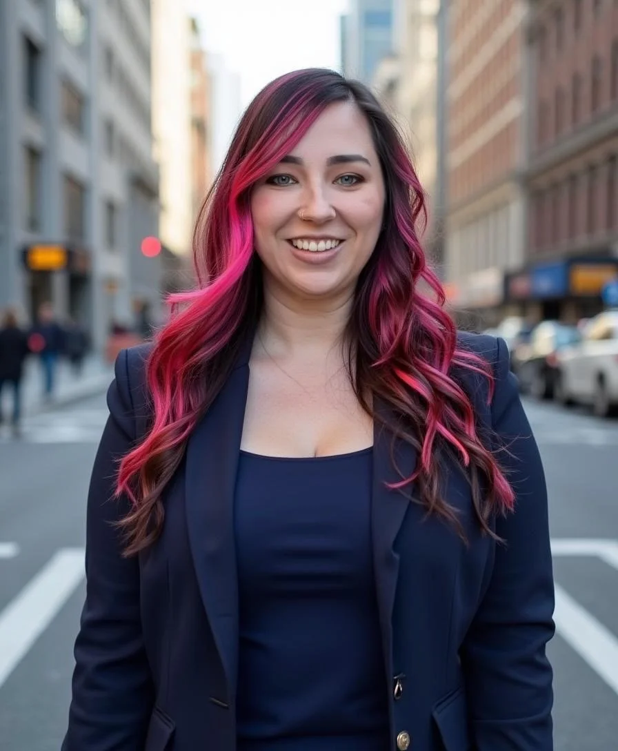 A smiling woman with pink and purple wavy hair standing on a city street.