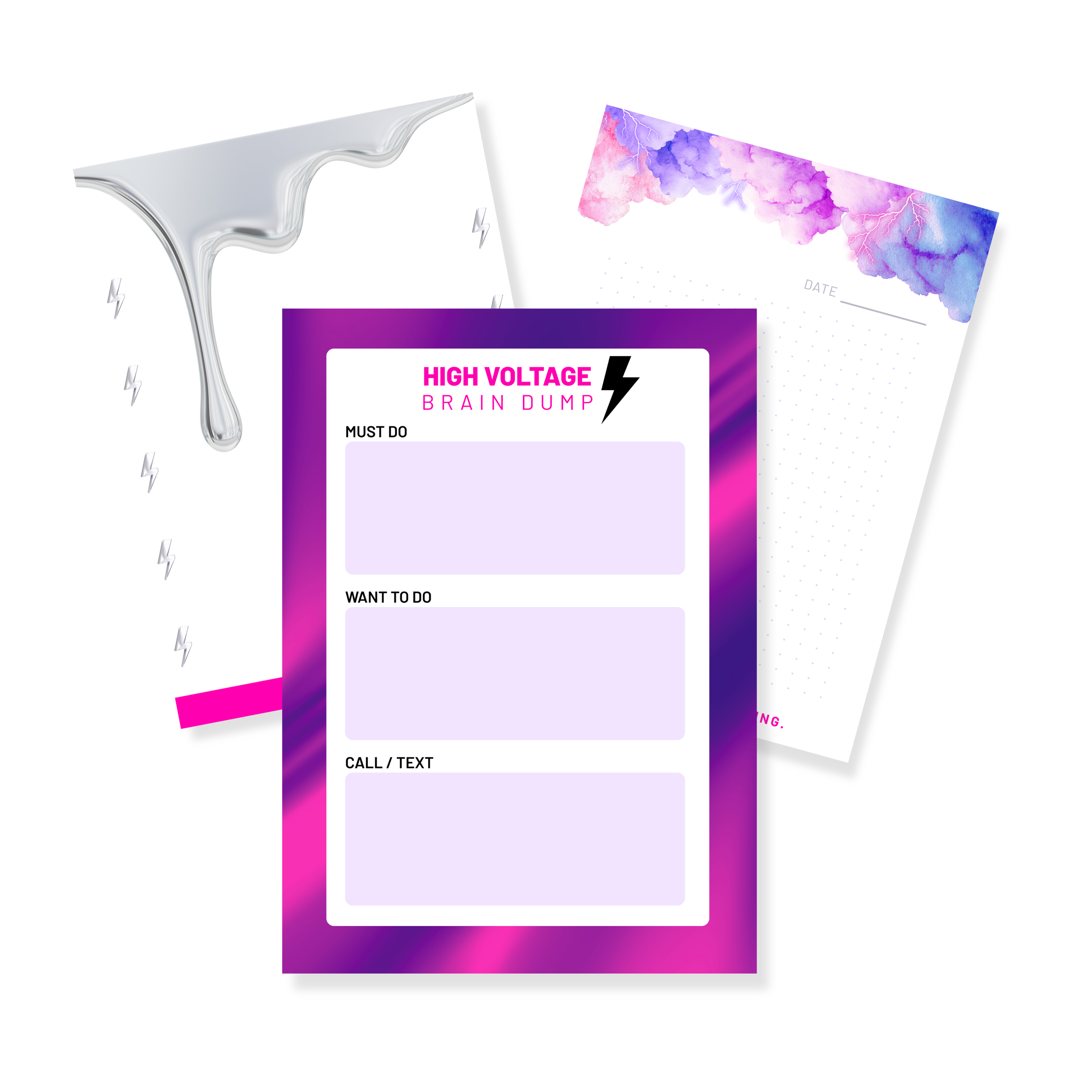 A set of colorful stationery items including a brain dump notepad labeled 'High Voltage Brain Dump' with sections 'Must Do,' 'Want To Do,' and 'Call/Text,' accompanied by a blank notepad with a watercolor design at the top and a white erasable marker with a pink tip.