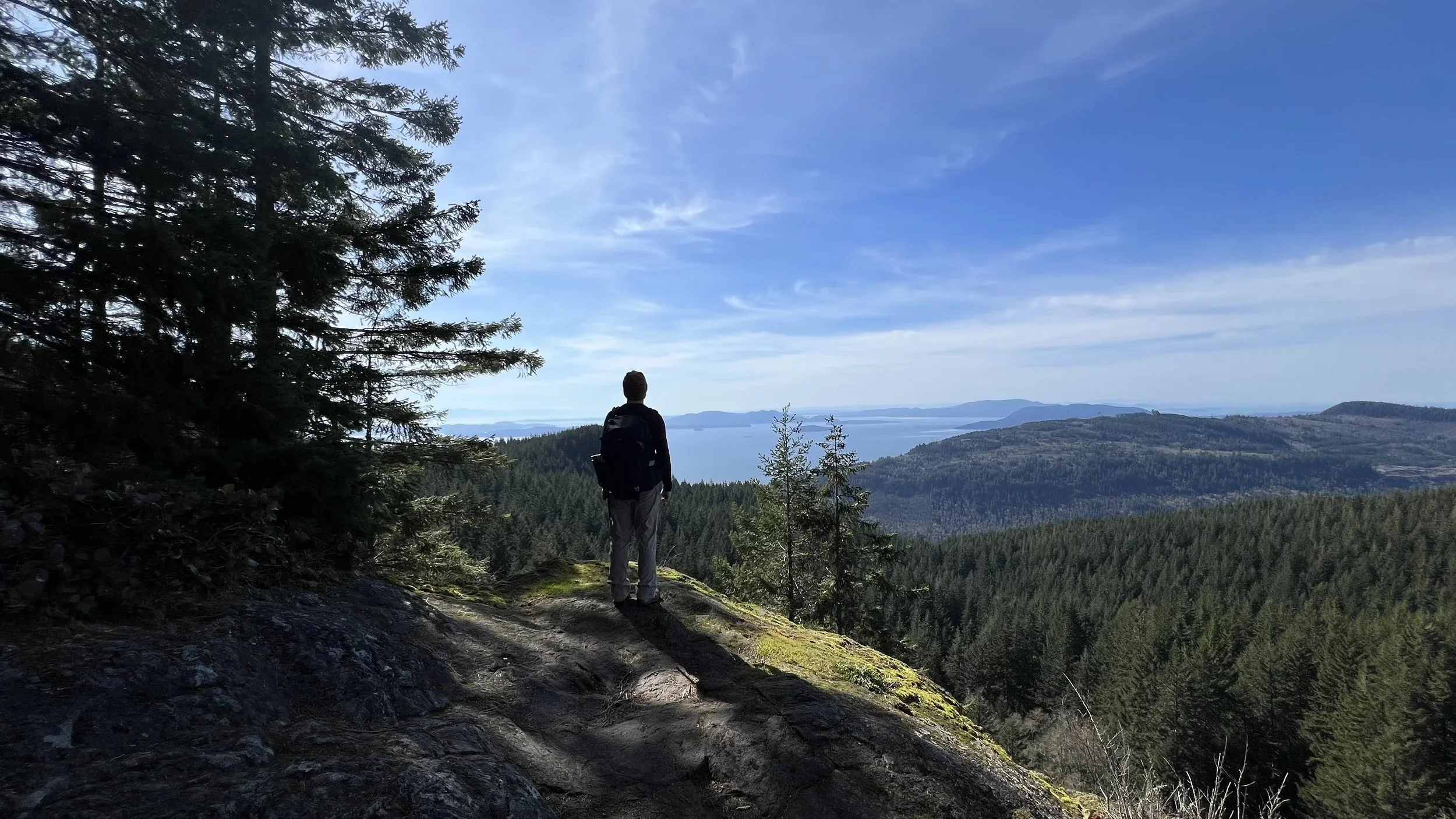 Shawn overlooking the forest and water at Oyster Dome.