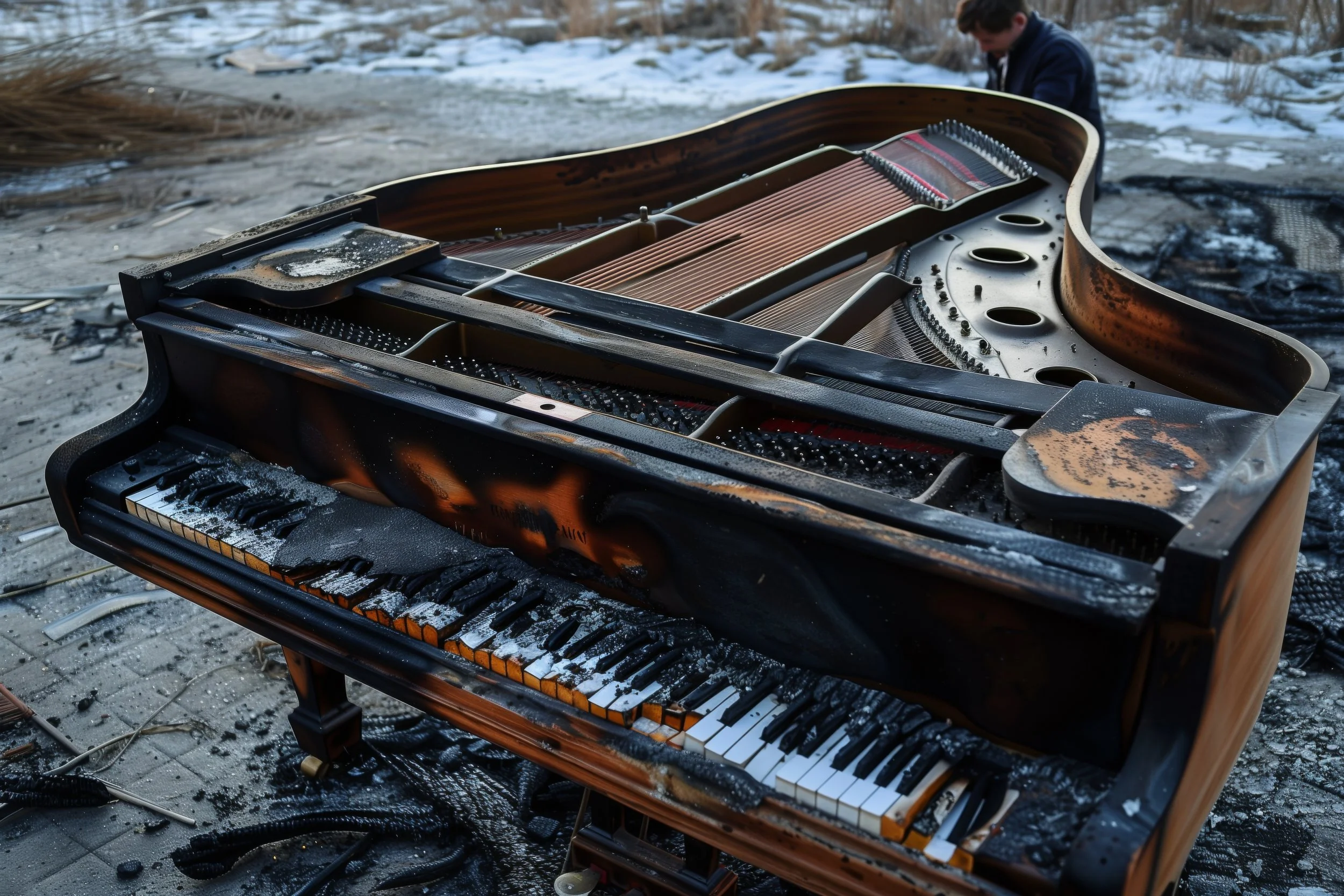 A burned grand piano outdoors on snow and ash with a person in the background.