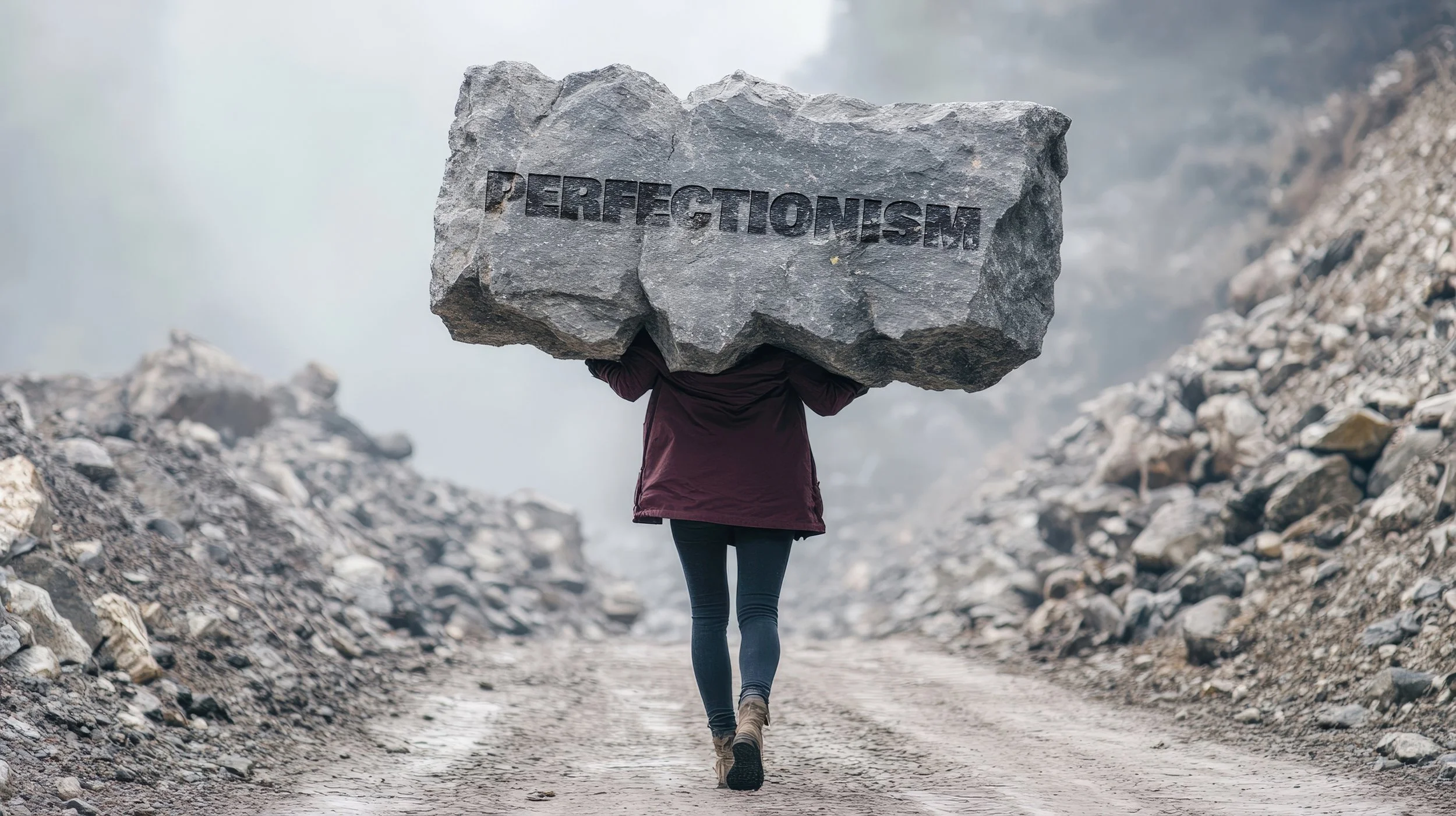 Person walking on rocky dirt path, carrying large boulder with the word 'PERFECTIONISM' engraved on it, in a mountainous outdoor setting.