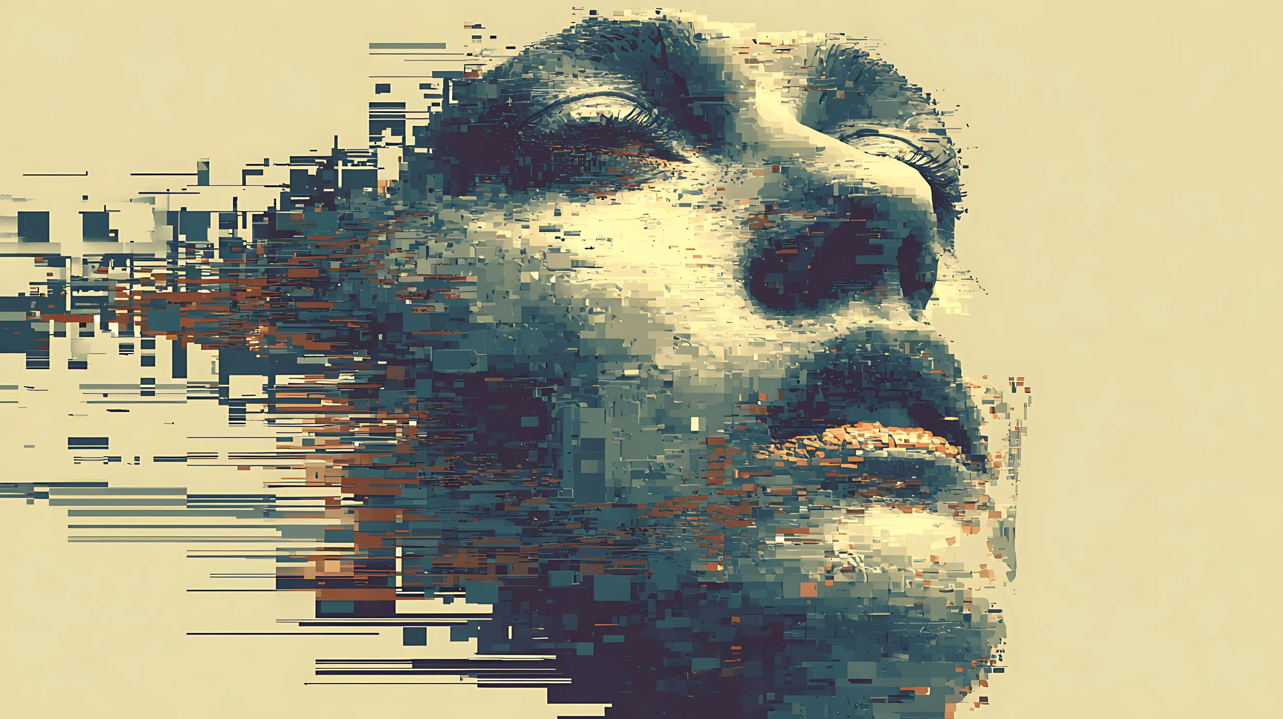 Digital glitch art image of a woman's face with her eyes closed and mouth slightly open, composed of pixelated rectangular fragments.
