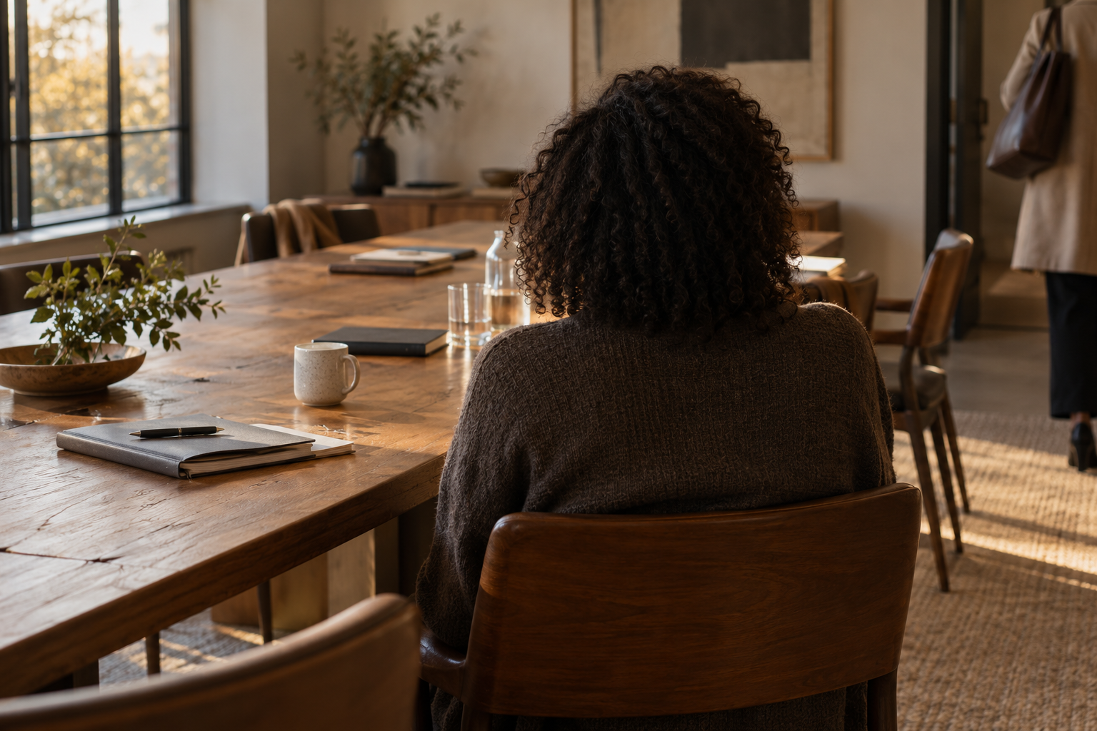 A person seen from behind sits at a wooden meeting table as another person leaves, in warm afternoon light.