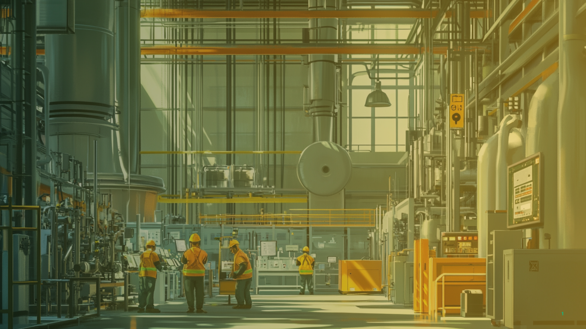 Industrial factory with workers in safety gear, machinery, and control panels.