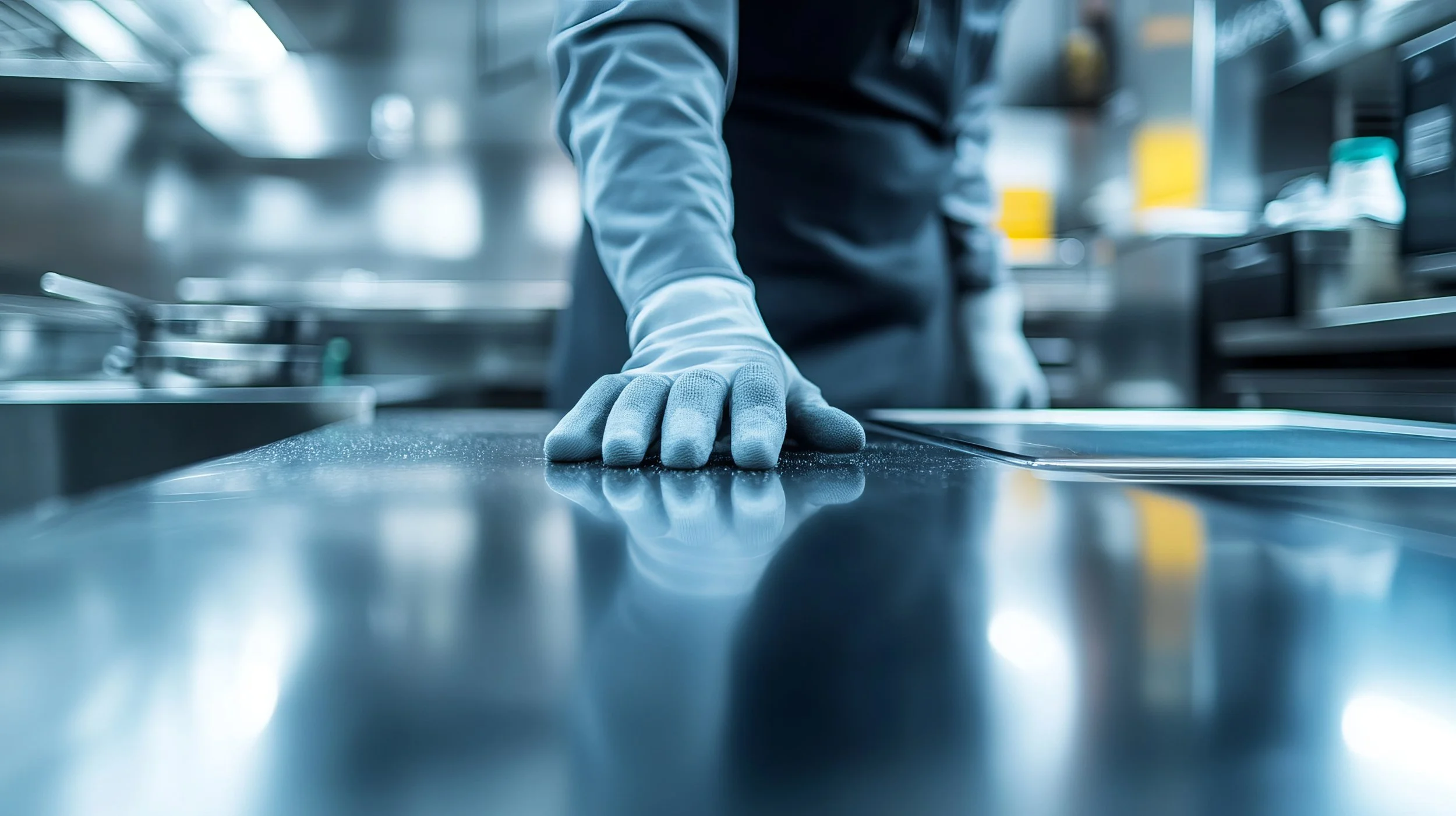 Close-up of a person wearing gloves, wiping a stainless steel kitchen countertop in a commercial kitchen.