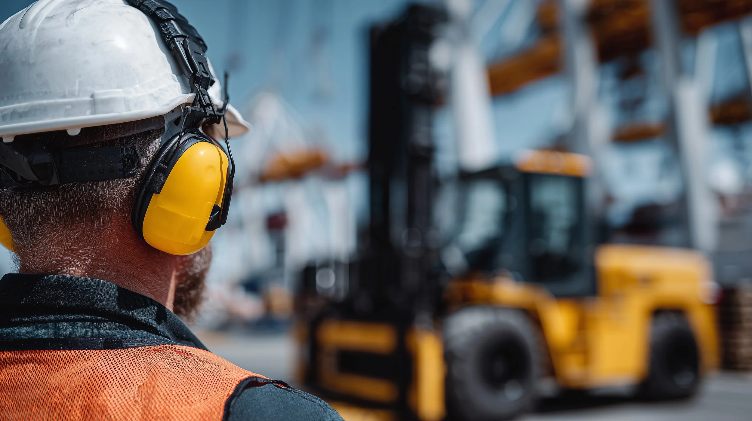 A worker with a white safety helmet and yellow ear protection, wearing an orange safety vest, looking towards a yellow forklift in an industrial warehouse.