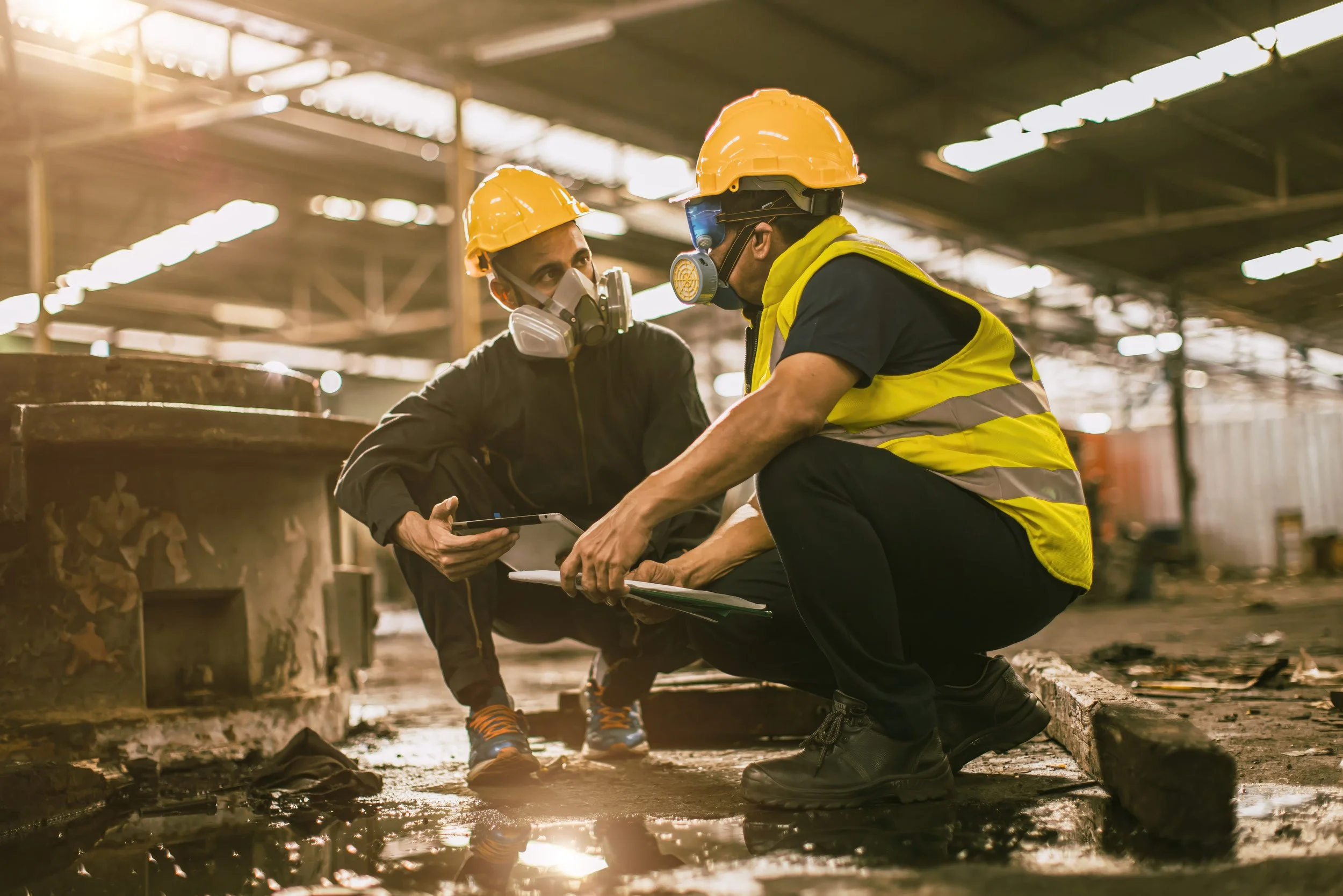 Two workers in an industrial warehouse wearing yellow safety helmets and respirators, squatting and discussing something while looking at a tablet and holding a clipboard.