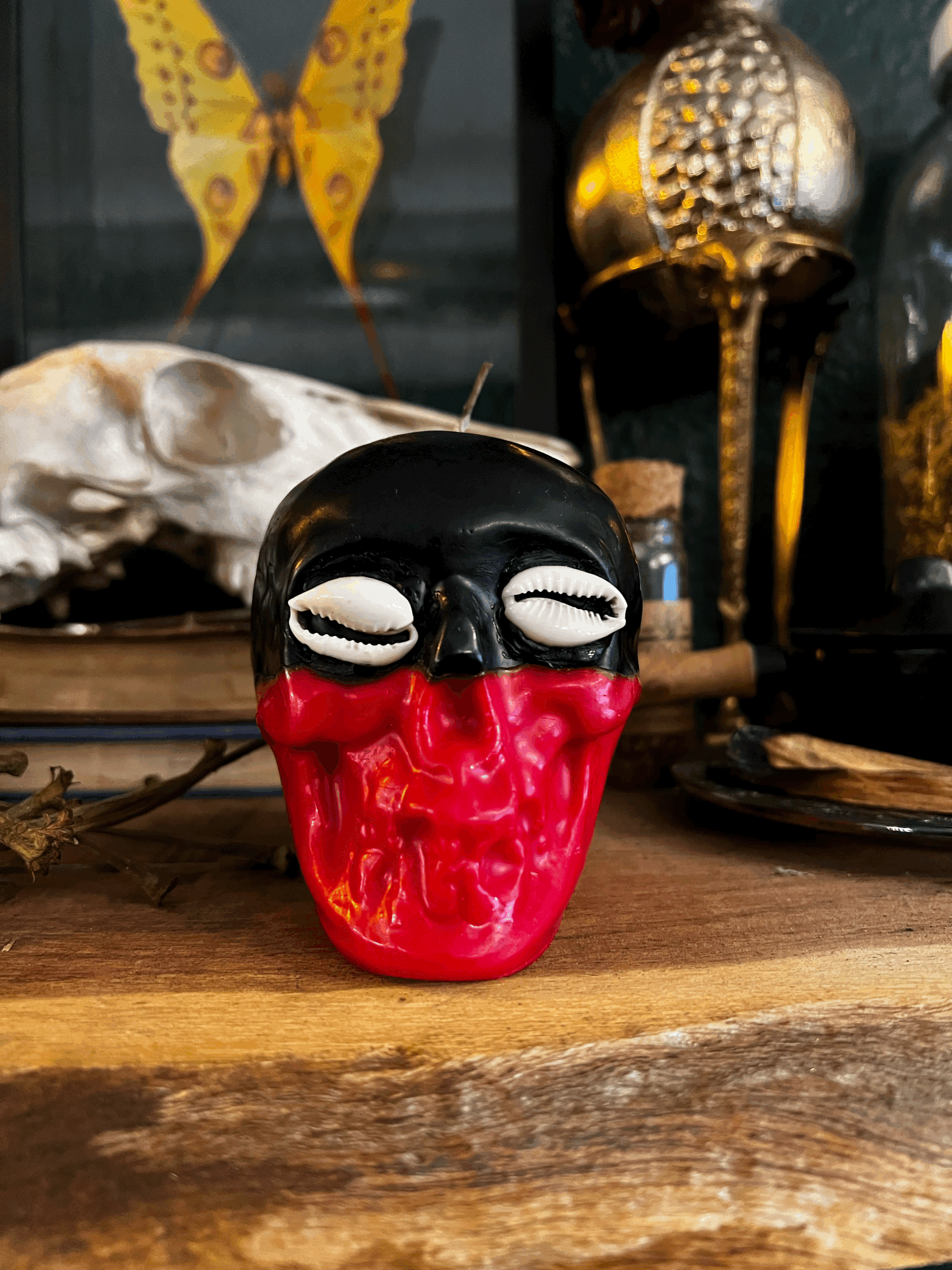 Skull With Cowrie Shell Eyes, Black Over Red