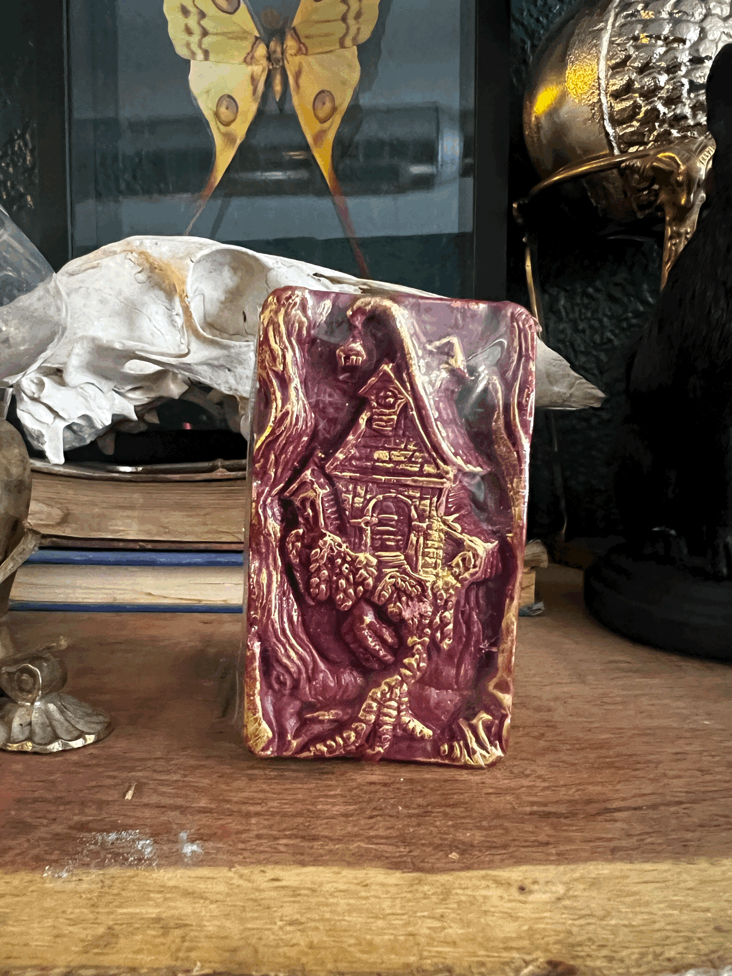 Baba Yagas Hut Figure Candle Maroon w Gold Dusting