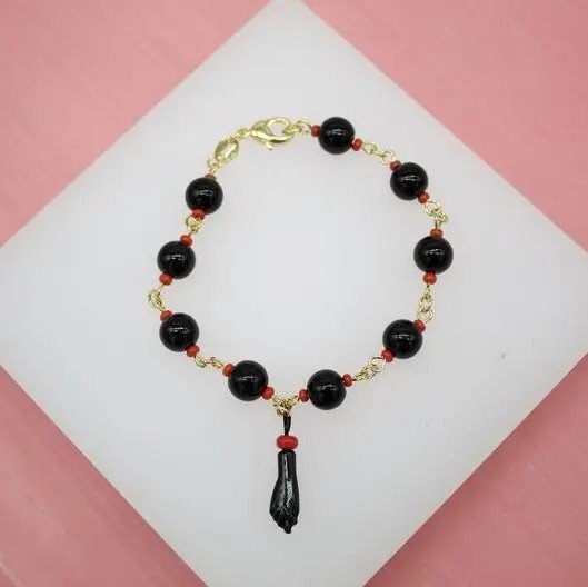 18K Gold Filled 7mm Azabache Bead Chain Bracelet with Figa Charm