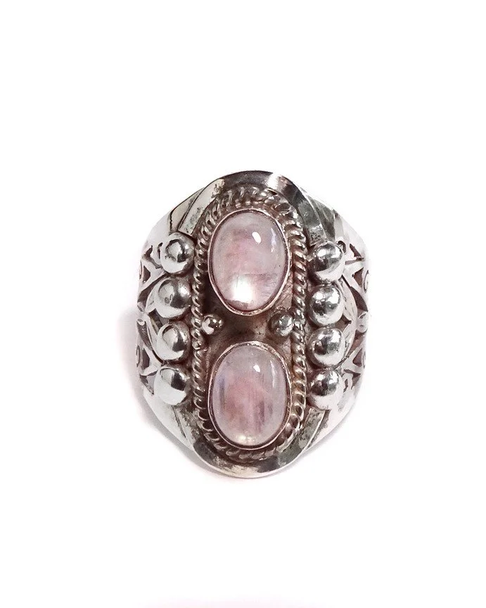 Double Stone Jali Ring with Rainbow Moonstone