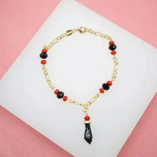 18K Gold Filled 3mm Azabache Bead Chain Bracelet with Figa Charm