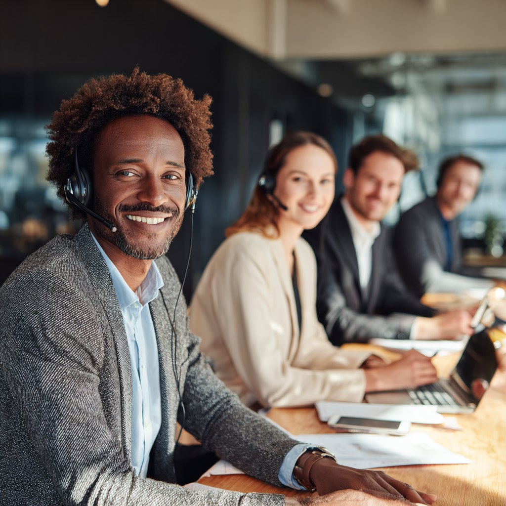 A diverse group of four customer service representatives in a call center, wearing headsets and sitting at a desk with papers, laptops, and smartphones.