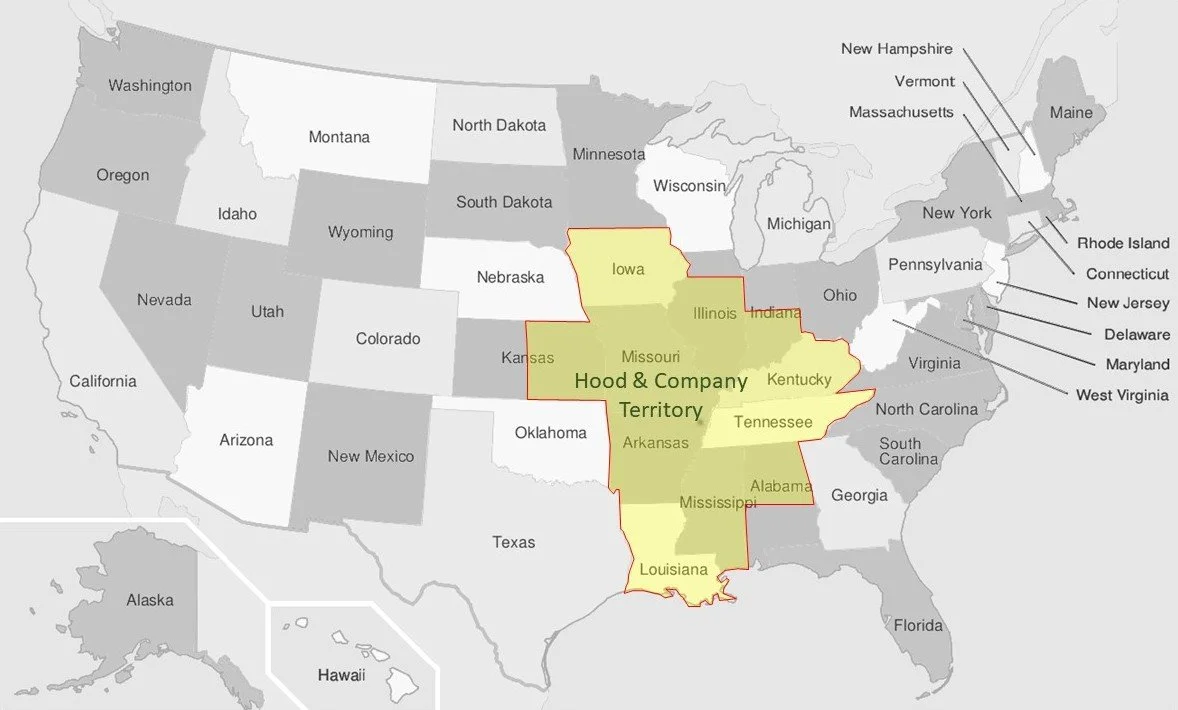 Map of the United States showing a highlighted region in the south-central part, which includes states like Missouri, Illinois, Kentucky, Tennessee, Alabama, Mississippi, and Louisiana, labeled as 'Hood & Company Territory' in green.