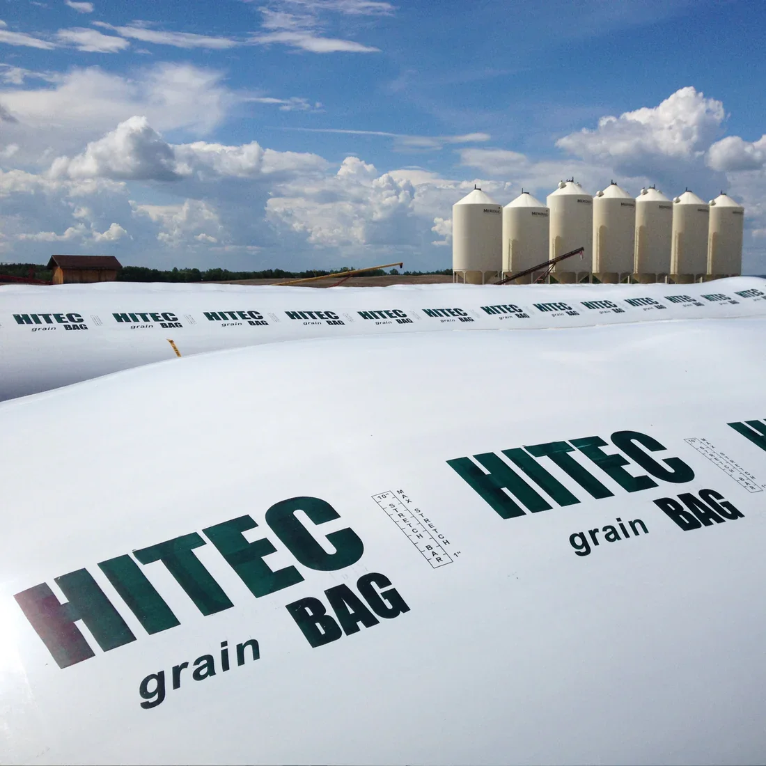 HITEC large white grain storage bags outside on a farm, with a blue sky and white clouds in the background.