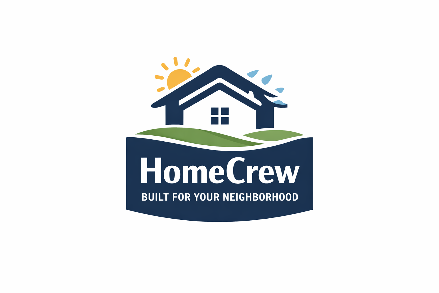 Logo for HomeCrew featuring a house with a sun and water drops above, green hills below, and the text 'HomeCrew' and 'Built for Your Neighborhood'.
