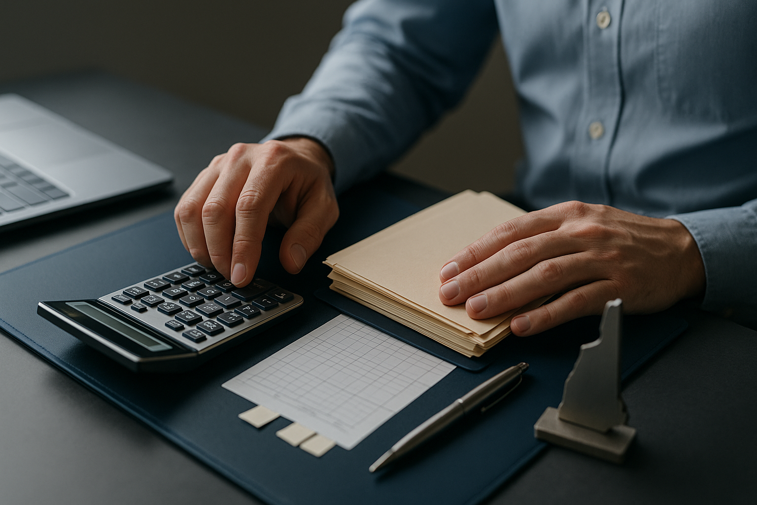 A man sitting at a desk. One hand is typing on a calculator, the other resting on a pile of papers.