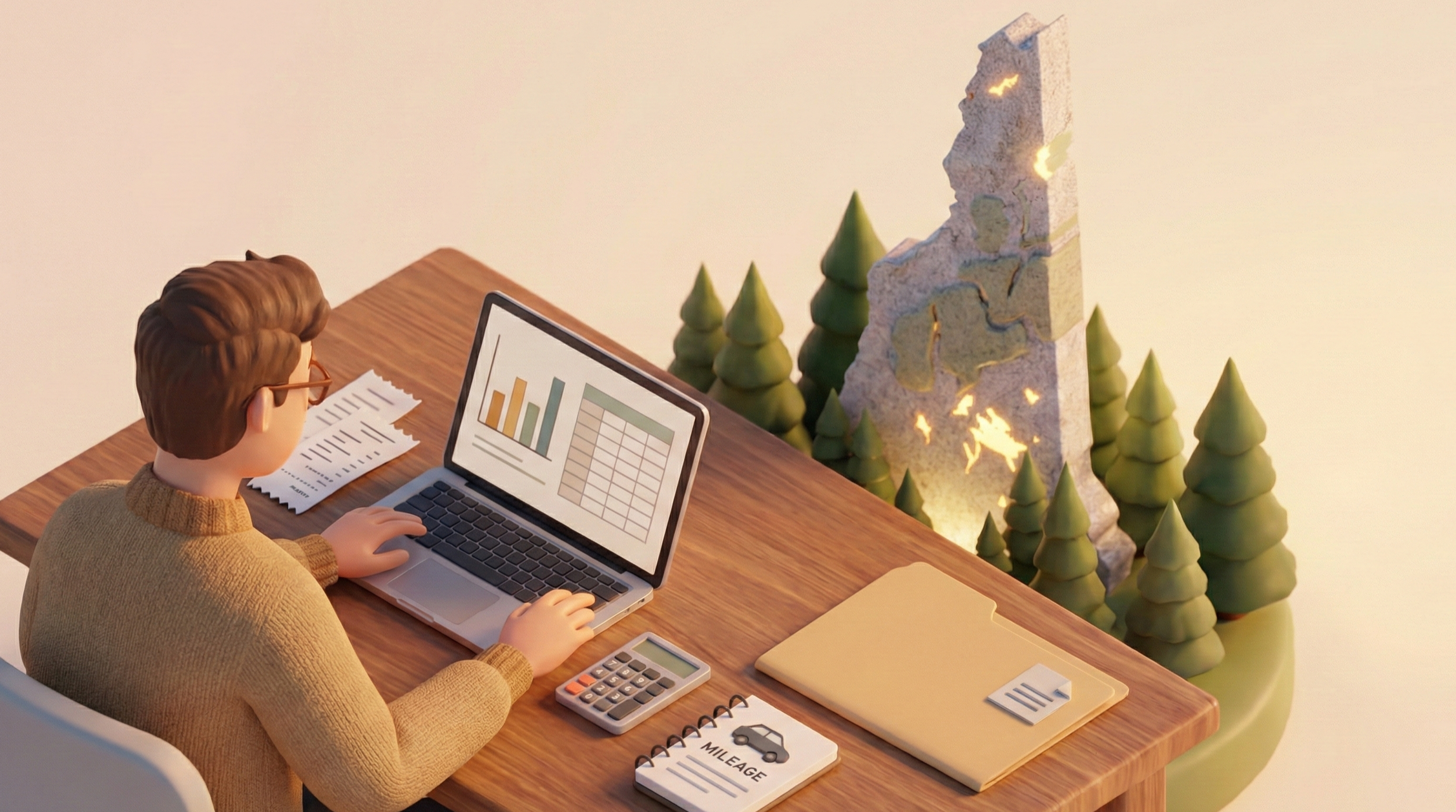 3D illustration of a sole proprietor at a desk using a laptop with charts, receipts, calculator, and a mileage log, with a glowing New Hampshire map and pine trees in the background.