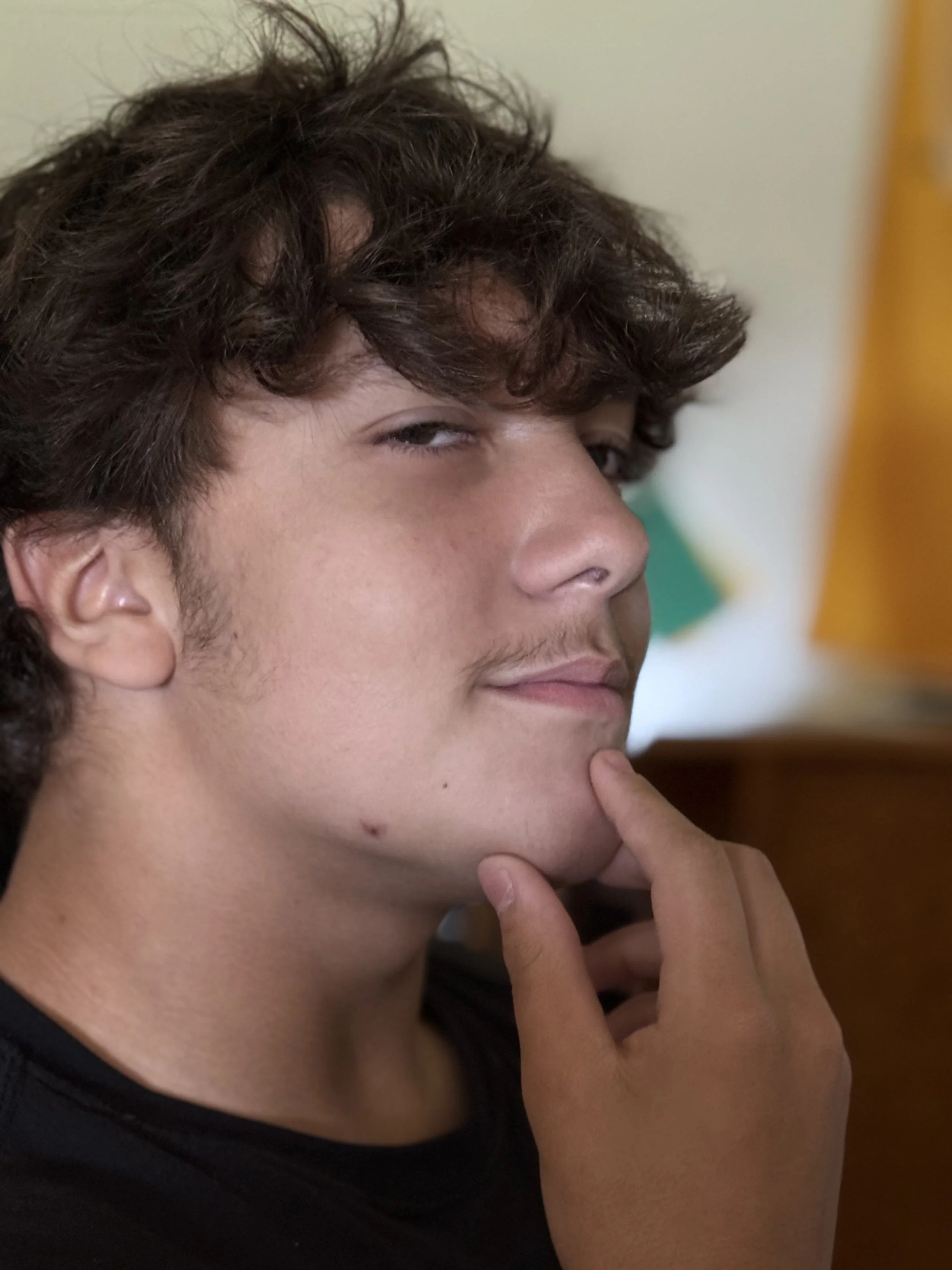 A young man with dark curly hair and light skin touches his chin with his hand, smirking slightly while looking at the camera.