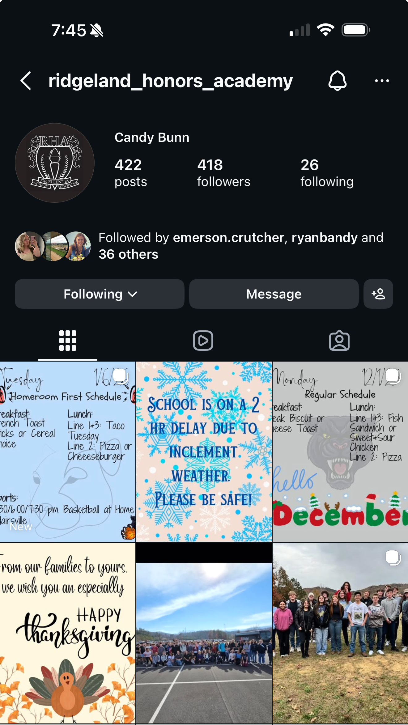 Screenshot of an Instagram profile page named 'ridgeland_honors_academy' belonging to Candy Bunn, with 422 posts, 418 followers, and 26 following. The profile includes six posts at the bottom, featuring school schedules, weather alerts, Thanksgiving greetings, group photos, and winter-themed graphics.