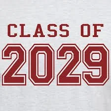 Gray sweatshirt with red text reading 'Class of 2029'