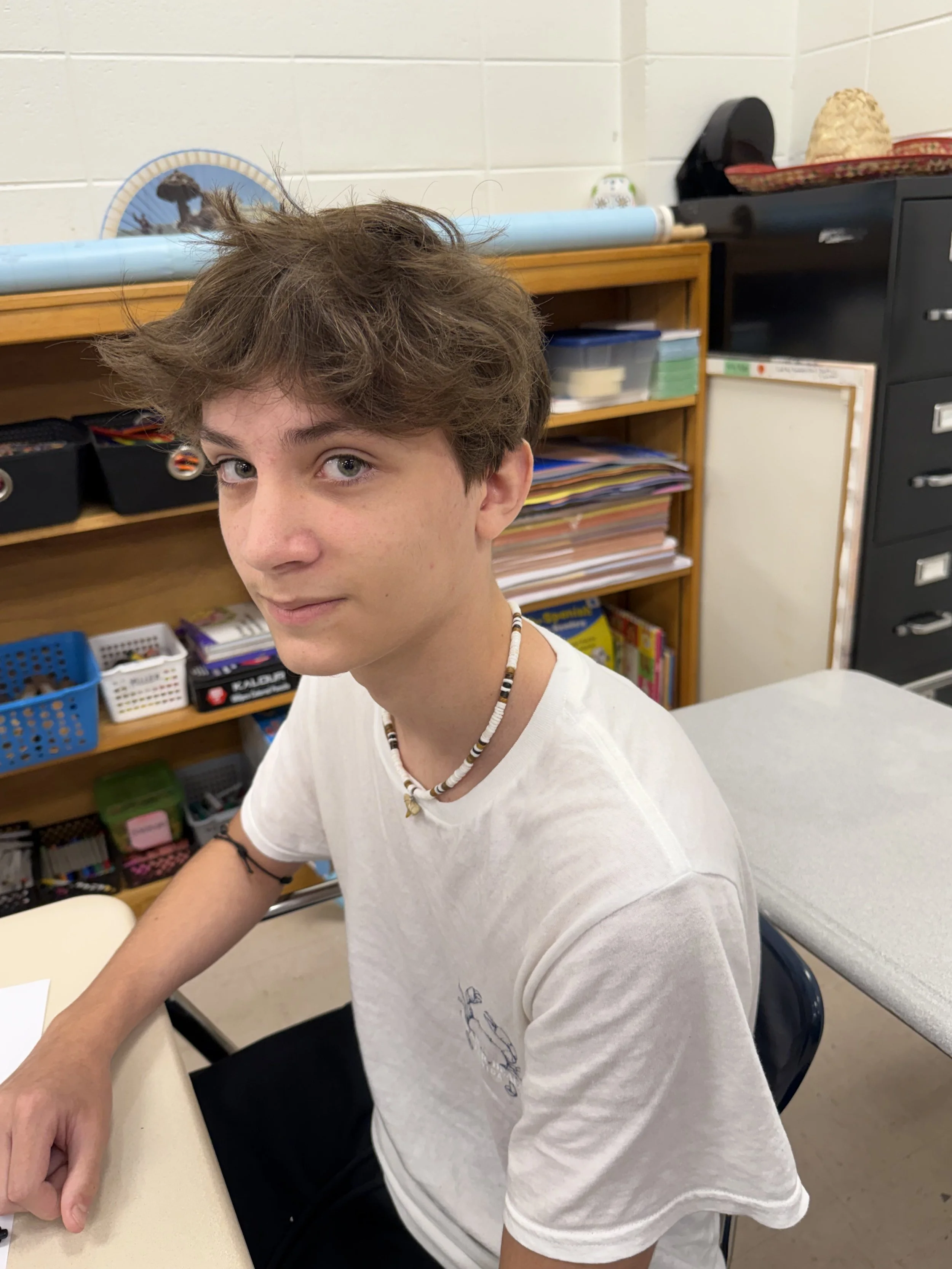 A teenage boy with brown hair and fair skin sitting at a desk in front of a whiteboard with red writing, wearing a blue t-shirt, looking directly at the camera with a serious expression.
