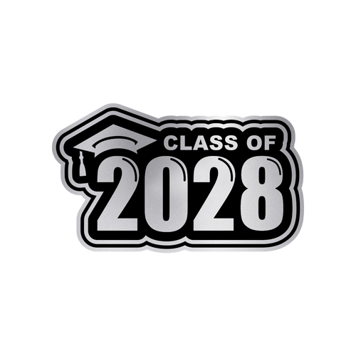Graduation cap and a sticker that says 'Class of 2028' in black and white.