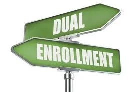 Green street signs with the words 'Dual' and 'Enrollment' pointing in different directions.
