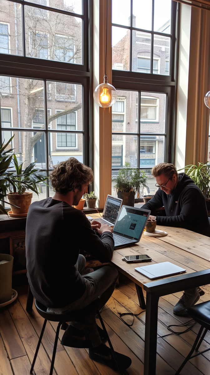 Two men working on laptops at a wooden table inside a cafe near large windows with potted plants on the windowsill.