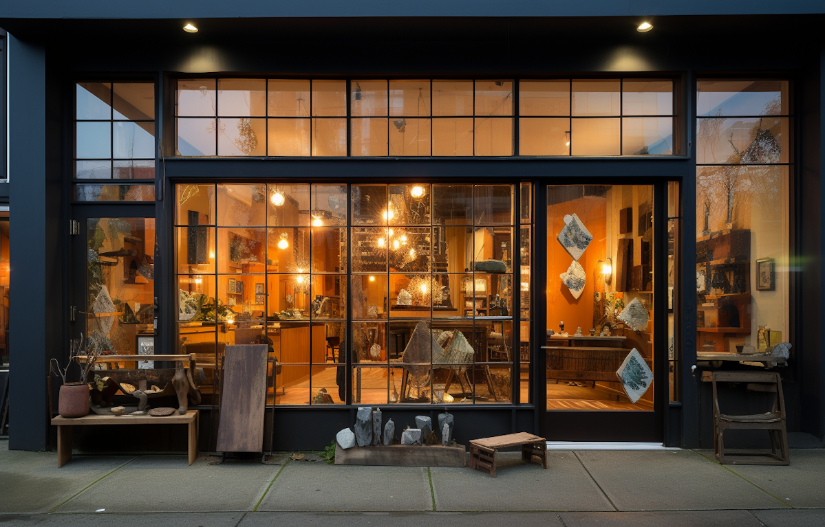 A storefront with large glass windows displaying art pieces, rocks, and decorative items inside. Outside, there are small tables and stones arranged on benches and the sidewalk.