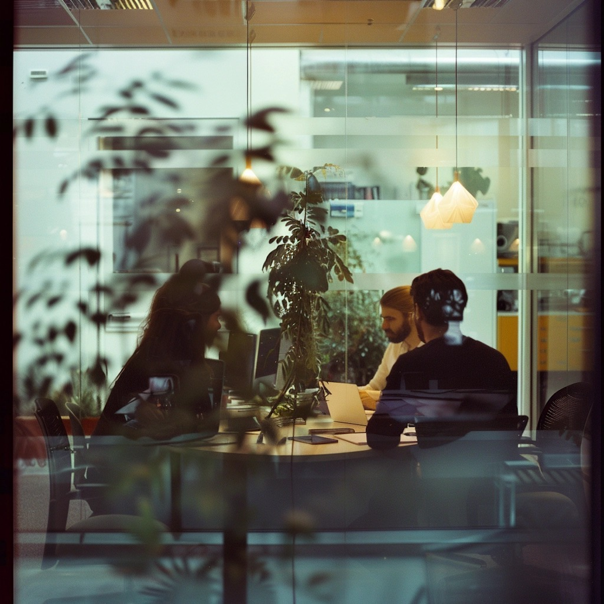 People working on computers in a modern office seen through a glass window with blurred plants in the foreground.