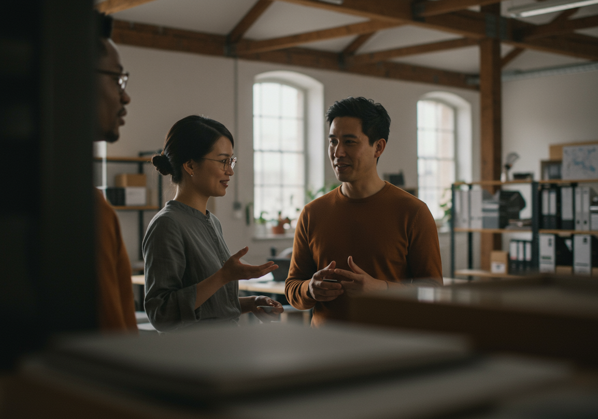 Four people having a conversation in an office with large windows, wooden ceiling beams, and office shelves.