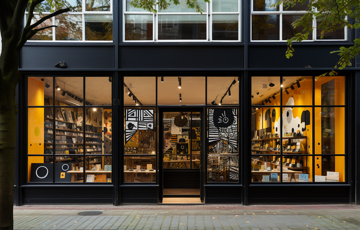 Exterior view of a modern store with large glass windows, black framing, yellow interior walls, and black and white abstract artwork on the walls, displaying various products inside.
