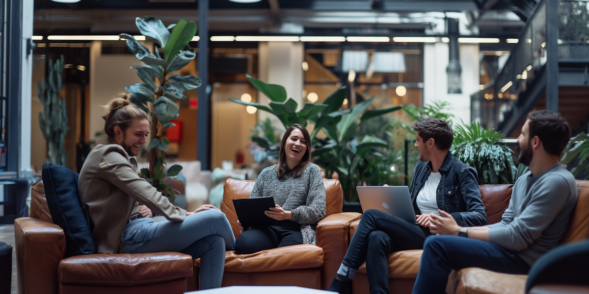 Four young adults sitting on leather couches in a modern, open indoor setting, chatting and laughing, with large indoor plants behind them.