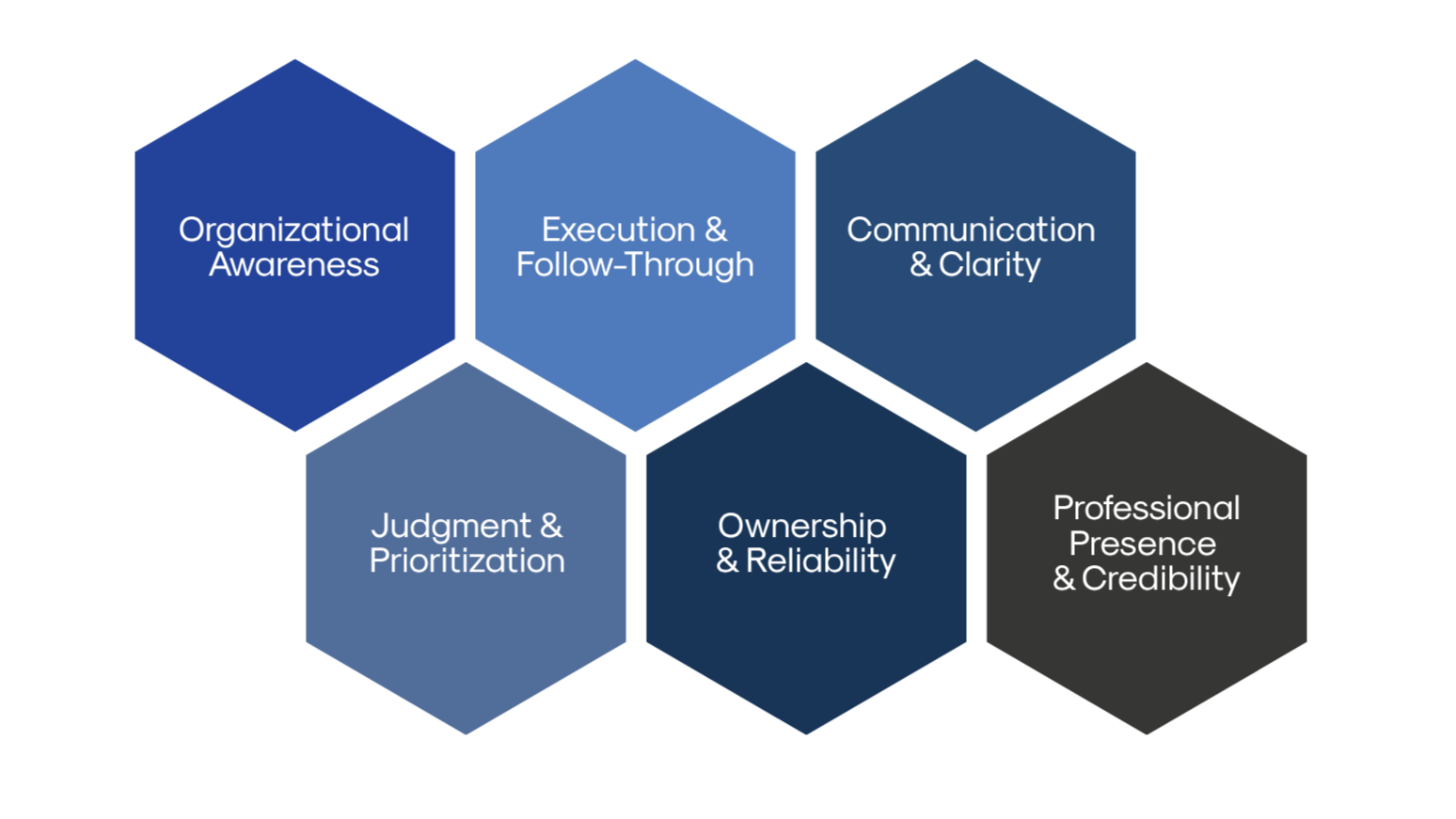 A 3D diagram with six interconnected hexagons labeled 'Organizational Awareness,' 'Execution & Follow-Through,' 'Communication & Clarity,' 'Judgment & Prioritization,' 'Ownership & Reliability,' and 'Professional Presence & Credibility,' illustrating key components of professional effectiveness.